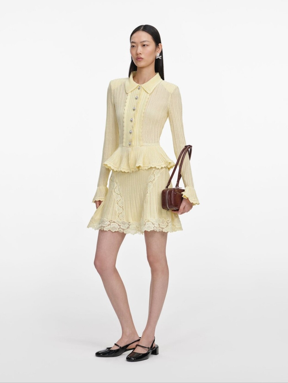 Self Portrait Yellow Pointelle Peplum Knit Mini Dress - Picture 2 of 7